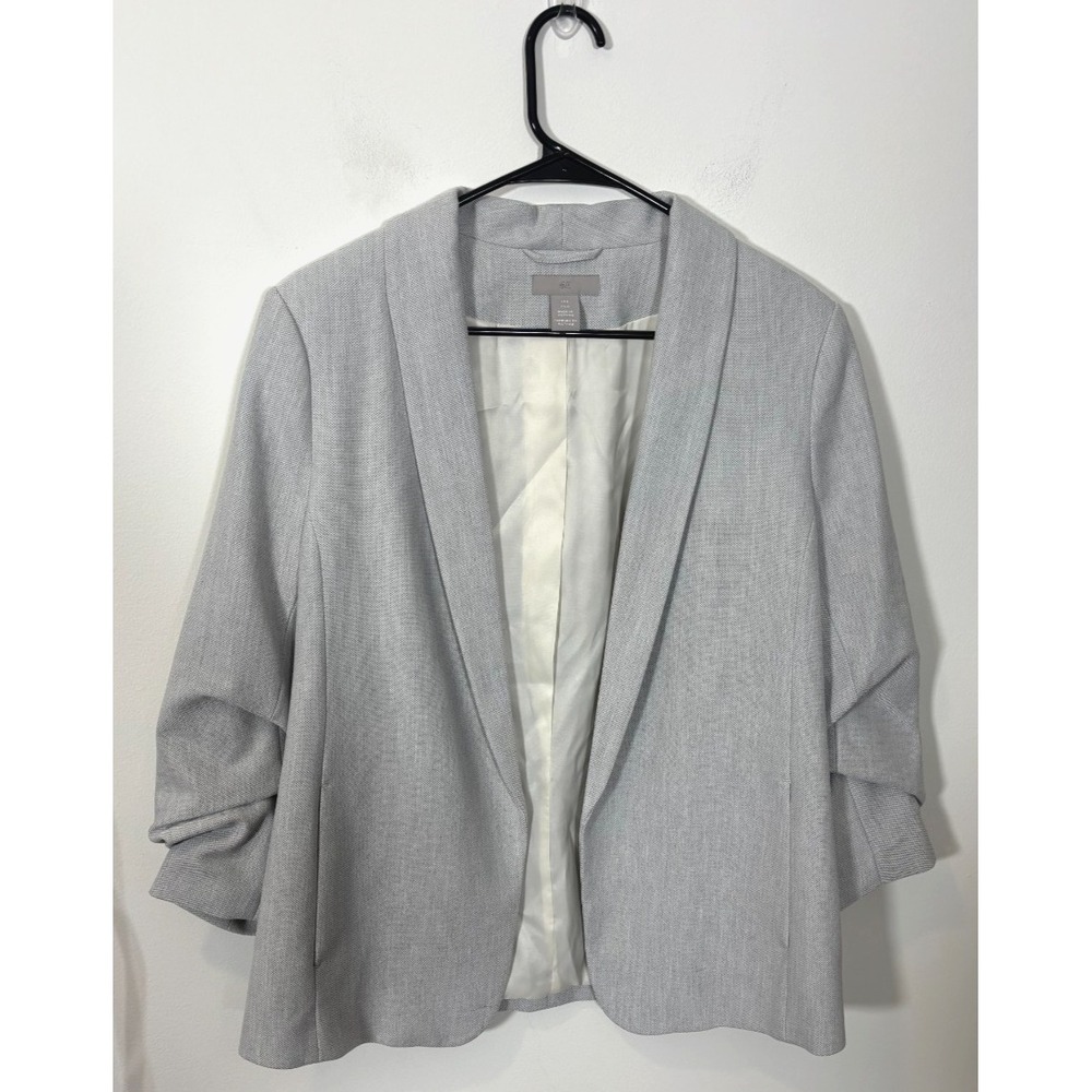 H&M Women's Light Gray Blazer Size Large Open-Front 3/4 Scrunch Sleeves